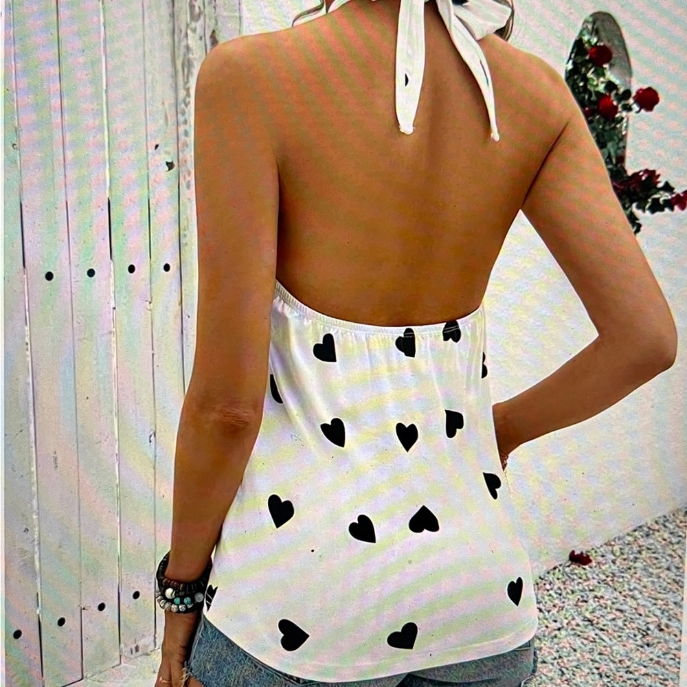 Women's White Heart Print Halter Top - Picture 5 of 7